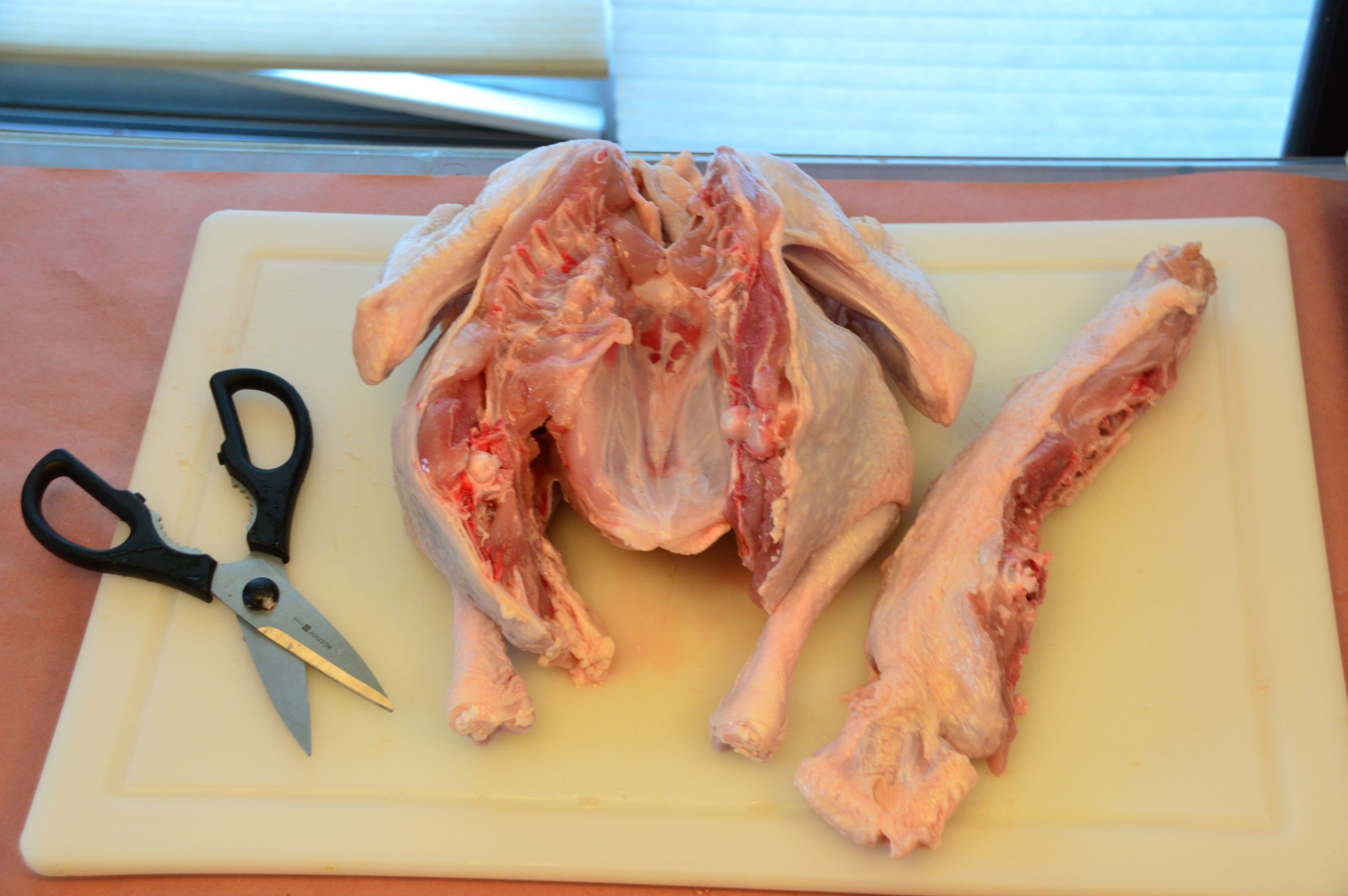 Turkey with backbone cut out to spatchcock