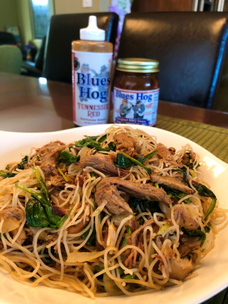 BBQ Pulled Pork Rice Noodles with Blues Hog Original and Blues Hog Tennessee Red Sauce