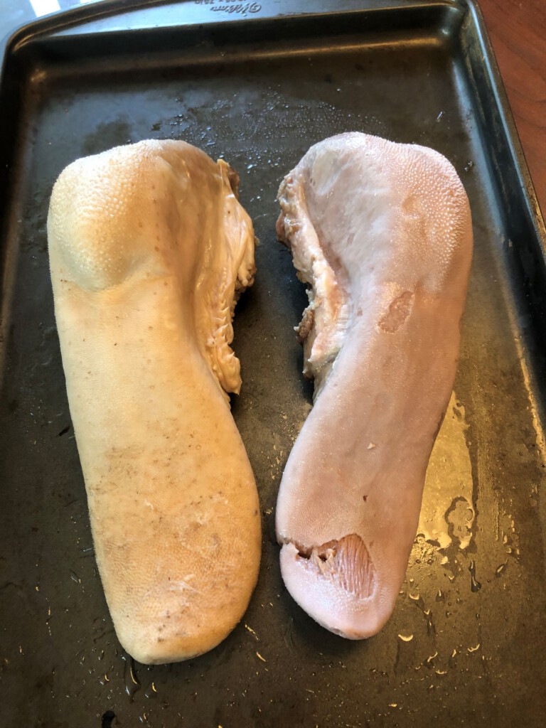 Beef tongue left skin unpeeled & right peeled