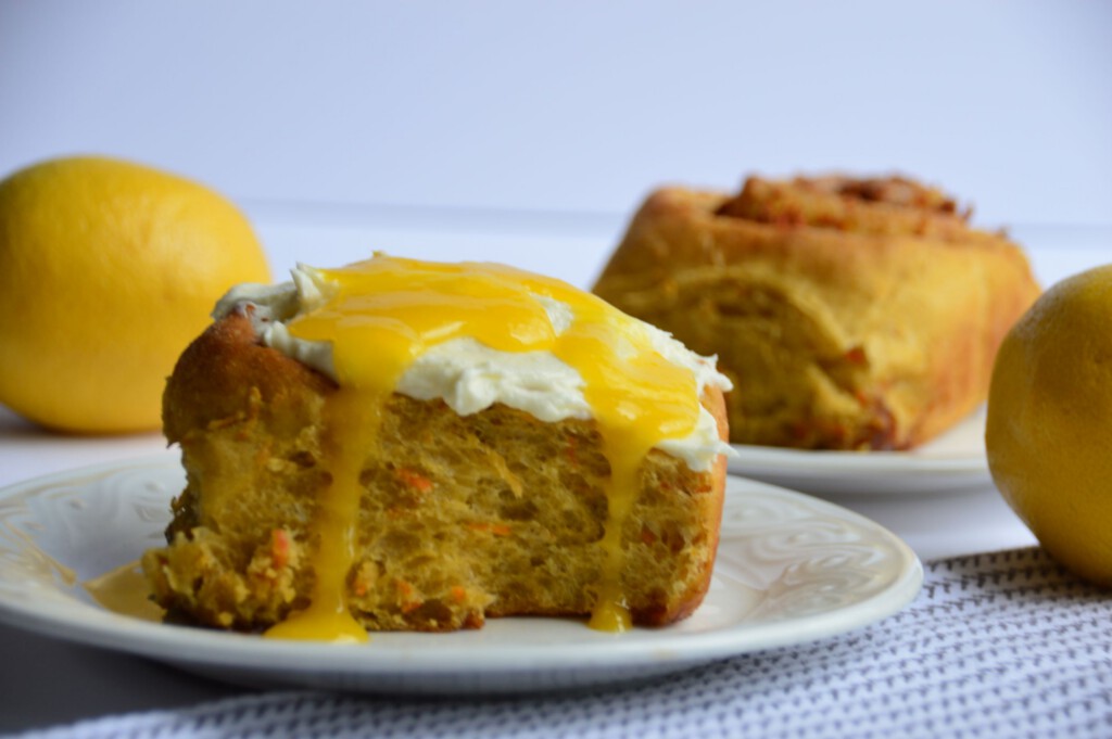 Carrot Cinnamon Roll with Cream Cheese Frosting and Lemon Curd