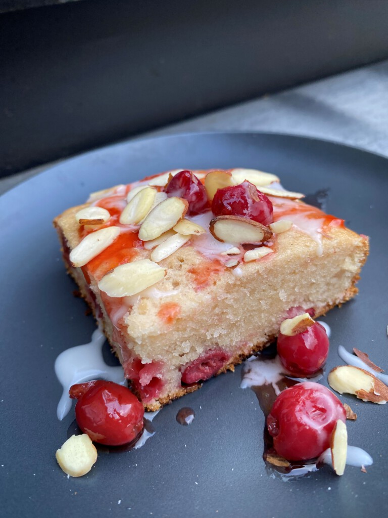 Sour Cherry Cake with Vanilla Glaze and Sour Cherry Coulis